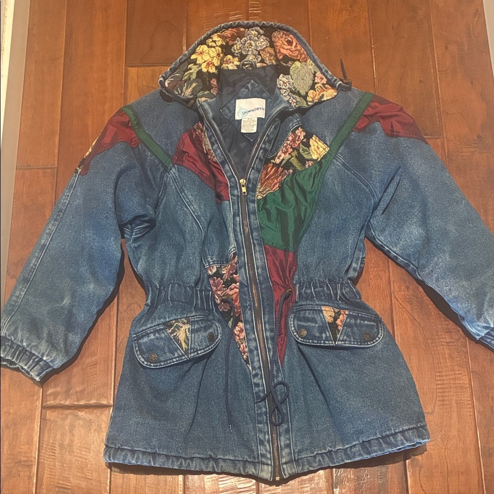 Denim Parka Jacket with Floral Trim - Blue/Green/Maroon
